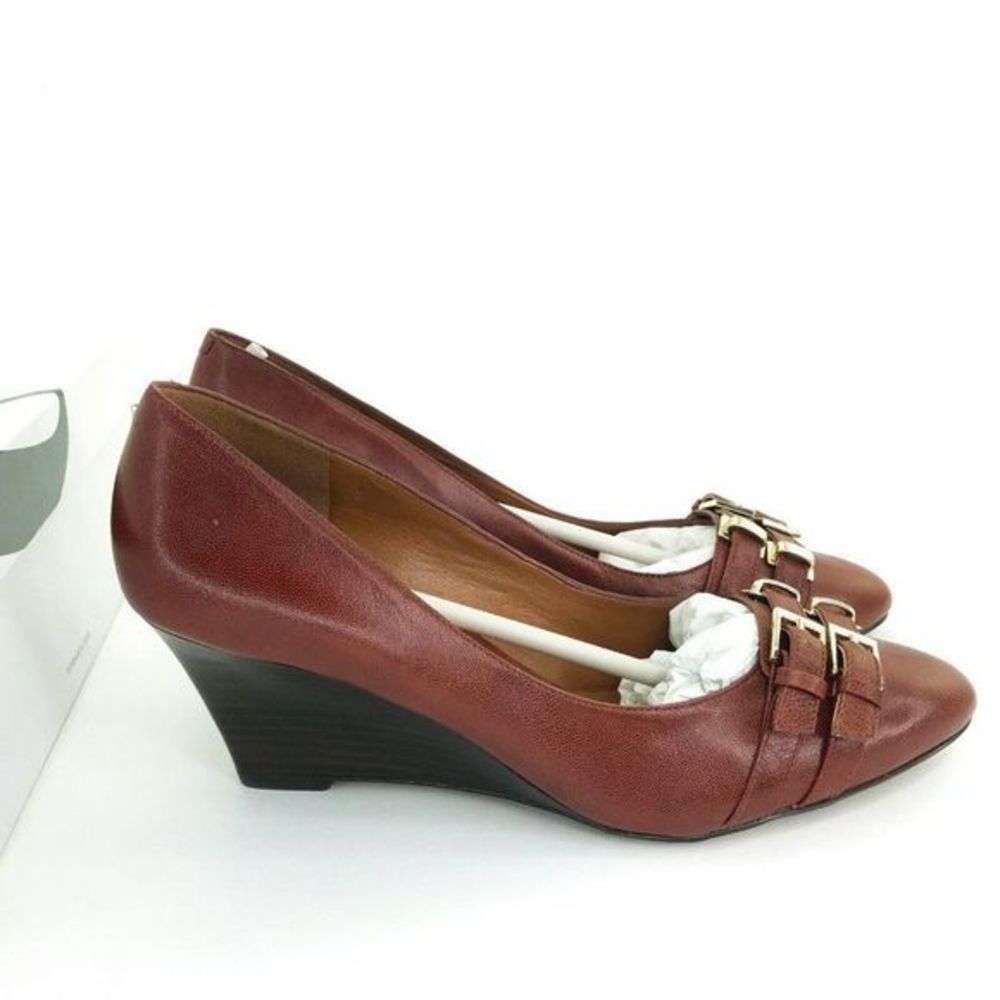 Nine West Zabaar Womens‎ Size 9.5 Dolce Wedge Pump Cognac Brown Leather Dress